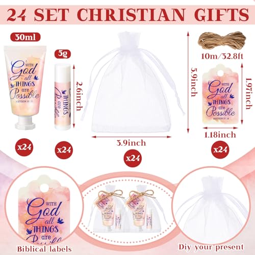 24 Sets Christian Hand Cream and Lip Balm Gift Set Christmas Christian Gift for Women Travel Size Hand Lotion Bible Verse Lip Balm Bulk for Baby Bridal Shower Mom Holiday Gift (Lovely)