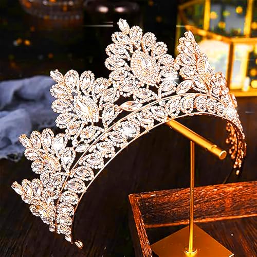 Baroque Crown and Tiara Gold Crystal Pearl Bride Wedding Queen Crowns Decorative Princess Tiaras Rhinestone Hair Accessories for Women and Girls (L)