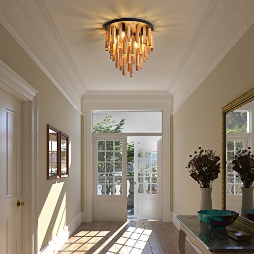5-Light Semi Flush Mount Ceiling Light Fixture Rustic Wood Black Farmhouse Chandelier