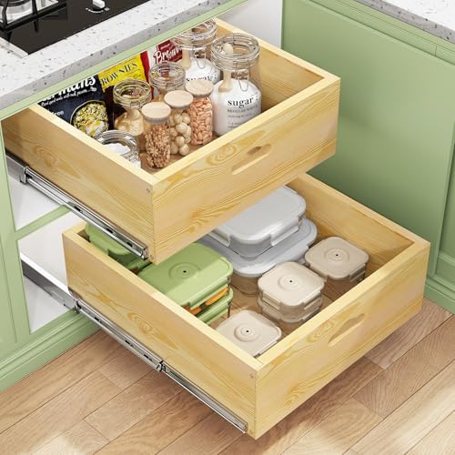 15-Inch Wide Pull Out Cabinet Organizer with Soft Close Drawers - Heavy Duty Solid Wood Shelves