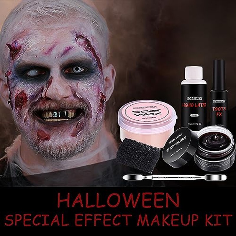 BOBISUKA 6 Piece Halloween SFX Special Effects Makeup Kit - Fake Blood Gel + Clear Liquid Latex + Black Tooth Paint + Modeling Scar Wax with Spatula Tool and Black Stipple Sponge All in One