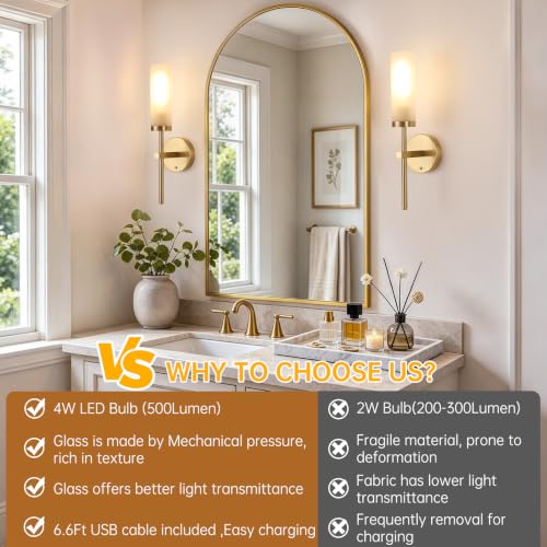 Battery Operated Wall Sconce Set - Gold & Opal Glass, 3 Color Temperatures & Remote