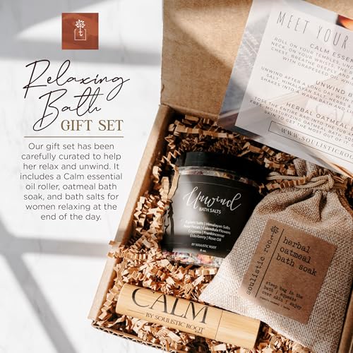 Relaxing Bath Gift Set for Women with Epsom Salts, Lavender Oatmeal & Essential Oil Roller