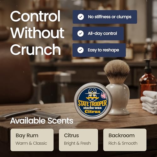State Trooper Mustache Wax Medium Hold Citrus Scent 2 Ounce - Nourishing Grooming & Styling
