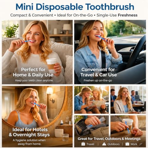 72 Pack Disposable Mini Travel Toothbrush with Softex Bristles & Toothpick - Individually Wrapped, Fluoride-Free, No Rinsing Needed