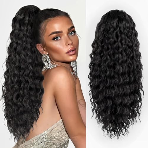 24 Inch Curl & Wavy Ponytail Extension for Black Women - Natural Black, Curly, Clip-In, Drawstring Style, Variation: Black Brown