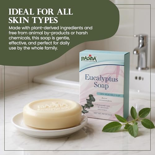 Madina Eucalyptus Soap Bar ? Moisturizing, Invigorating, 100% Vegetable-Based, Cocoa Butter, Kava Kava Extract, Gentle Cleanser for Face & Body, 6 Pack (3.5 oz Each)