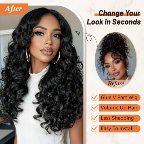Yaki Curly V Part Wig 26 Inch Natural Black Synthetic Hair - Glueless, Easy Clip-In, Afro Curls