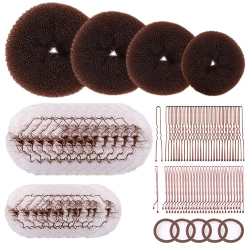 Donut Hair Bun Maker Set - 4 Rings (1 Extra-Large, 1 Large, 1 Medium, 1 Small), 20 Hair Nets(12inch, 24inch), 5 Elastic Bands, 40 Hair Pins, Dark Brown