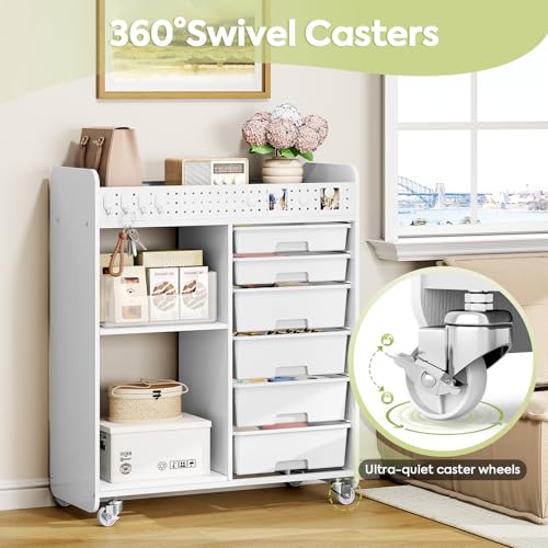 White Rolling Craft Cart with 6 Drawers, Pegboard & Locking Wheels - ApexChaser