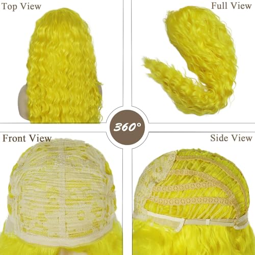 Neon Yellow Curly Wigs for Women 28 Inches Long Cosplay Party Wear
