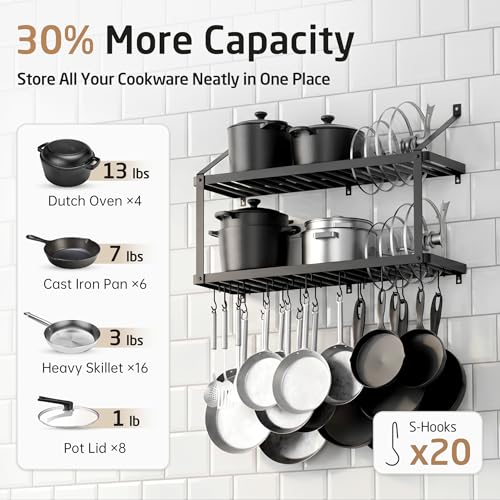 KES Black 150 lb Heavy-Duty Wall Mount Pot Rack with 20 Hooks & Lid Holder