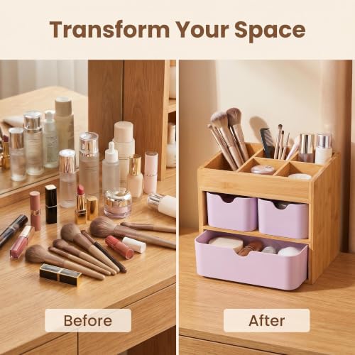 Bamboo Makeup Organizer with 3 Pink Drawers - 5.7"D x 8"W x 7.5"H, Adjustable Dividers