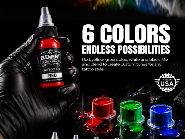 Element Tattoo Supply 6-Color Ink Set - 1oz Bottles, White Black Yellow Red Green Blue