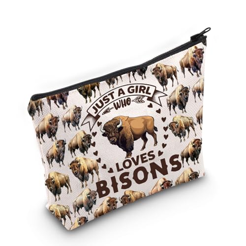 WZMPA Funny Bison Cosmetic Makeup Bag Animal Lover Gift Just A Girl Who Loves Bison Makeup Zipper Pouch Bag Bison Lover Gift For Women Girls (Loves Bison F)