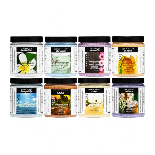Aromatherapy Spa & Hot Tub Salt Sample Pack - Botanical Essential Oils, Natural Minerals, 8 Scents