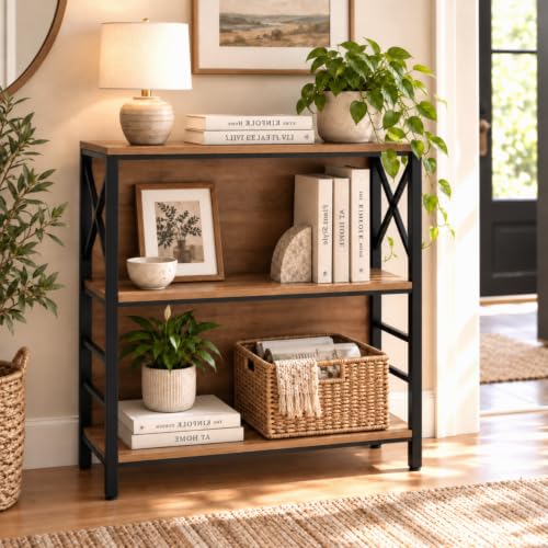 MNEETRUNG Brown 3-Tier Industrial Book Shelf, 29.5" Short Bookcase for Small Spaces