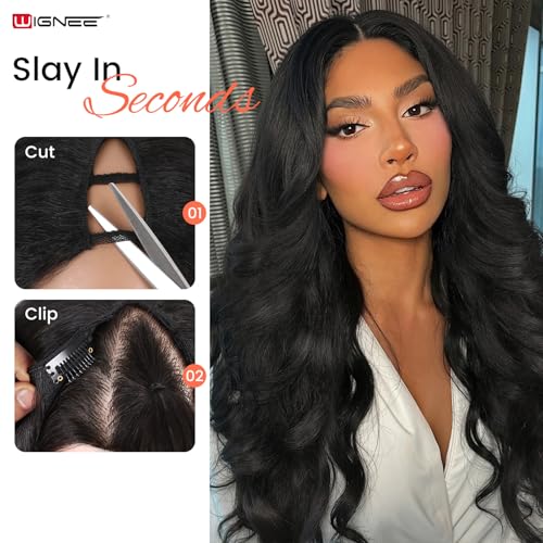 WIGNEE 26 Inch Black Curly V Part Wig with Flip Curls, Natural Yaki Texture
