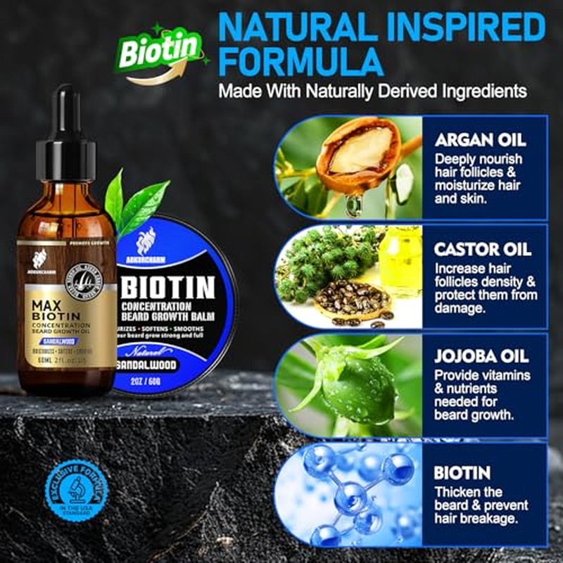 2 Pack Biotin Beard Growth Kit for Men ? Sandalwood Beard Oil & Balm ? Beard Care Set for Growth, Softening & Styling ? Gift for Father¡¯s Day & Christmas