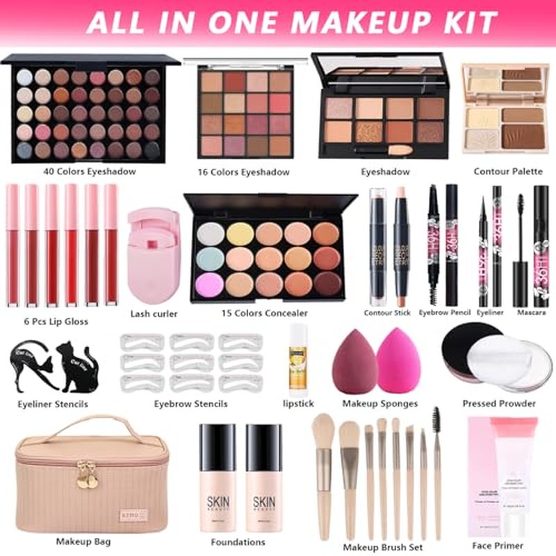 All-in-One Makeup Kit for Women Full Kit, Makeup Gift Set for Women Teens Girls, Makeup Essential Bundle Includes Eyeshadow Foundation Lipsticks Mascara Eyeliner Contour Stick Cosmetic Brush Set