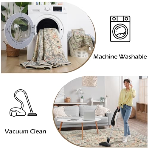 Washable 8x10 Beige Area Rug Non Slip Indoor Low Pile Carpet for Living Room