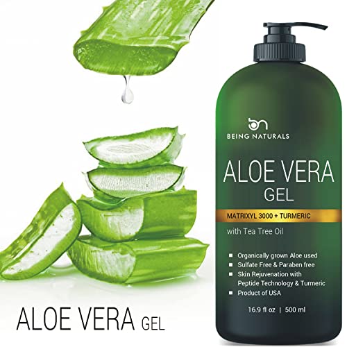 Aloe vera Gel - from 100% Pure Organic Aloe Infused with Matrixyl 3000 (Peptides), Turmeric - Natural Raw Moisturizer for Face, Body, Hair. Perfect for Sunburn, Acne, Razor Bumps 16.9 fl oz