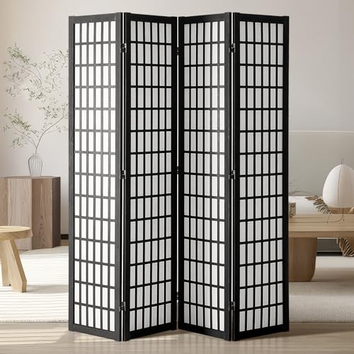 VEVOR 4 Panel Black Wooden Room Divider, Japanese Style Folding Privacy Screen for Home Office Bedroom