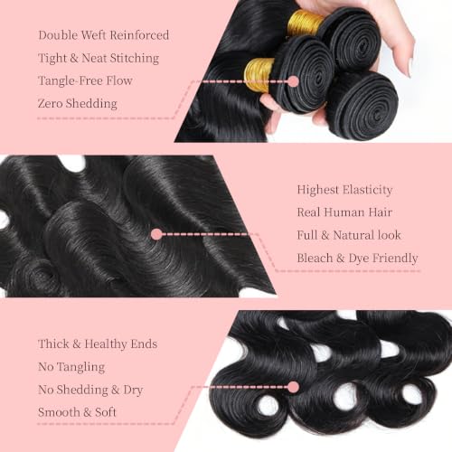 EclatWigs Body Wave Human Hair Extensions 3 Bundles 16-30 Inch Natural Black