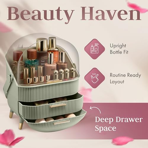 Large Clear Makeup Organizer with Lid & Drawers - Green Variation of Trendy Oval Storage