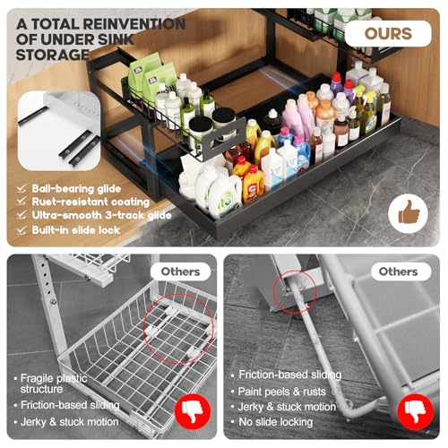 Expandable Under Sink Organizer 19-32 Inches with Ball-Bearing Slides - Black - 1 Pack