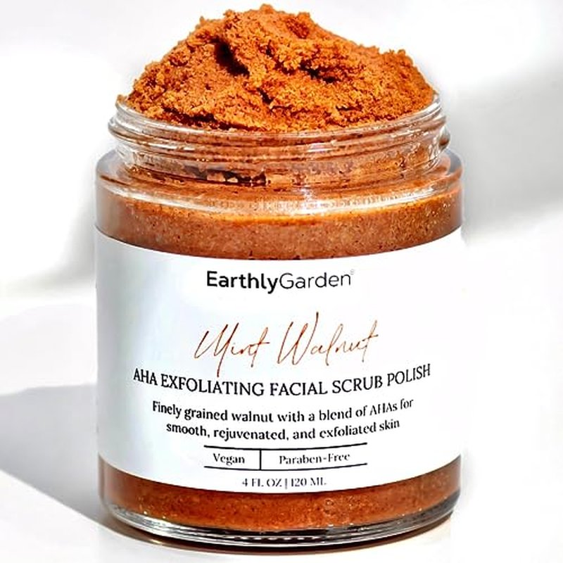 Earthly Garden Mint Walnut Exfoliating Face Scrub with AHA ? Natural Microdermabrasion & Deep Pore Cleanser for Blackheads, Acne Scars & Glowing Skin ? 2 oz