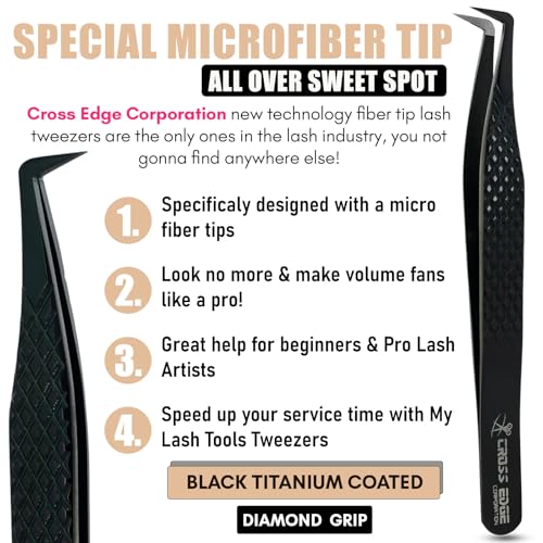 CrossEdge Corporation Fiber Tip Lash Tweezers for Eyelash Extension Curved 90 Degree Angle Boot Tweezer Best for Volume, Individual Isolation & Classic Lashes Stainless Steel Lash Supply (Black)