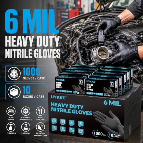 Heavy Duty Nitrile Gloves Large - 6 Mil Disposable Rubber Black Gloves, 1000pcs with Anti-Slip Fingers
