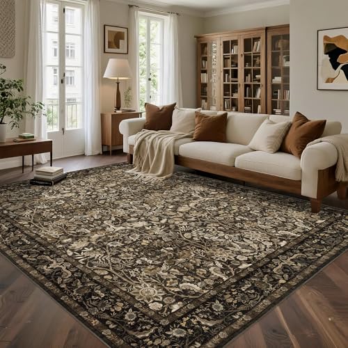 Vintage Floral Area Rug 8x10 ft - Brown & Gold Washable Living Room Carpet