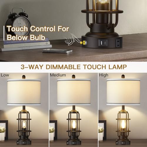 Black Industrial Dimmable Bedside Table Lamp with USB-C & AC Outlet - Modern Nightstand Light - 4 Bulbs Included - Rustic Touch Control