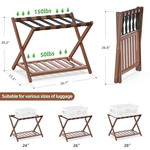 BAMBOOHOMIE 2 Pack Bamboo Luggage Rack with Storage Shelf - Brown