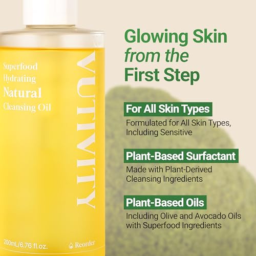 Superfood Hydrating Natural Cleansing Oil, Vegan, 200mL, 6.76 fl oz, Gentle Makeup Remover for Sensitive Skin, Korean Oil Cleanser