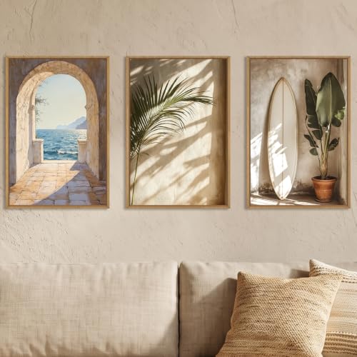 French Landscape Wall Art Set - 16x24 Inches, Coastal Beach Scene, Framed Canvas, 3 Piece