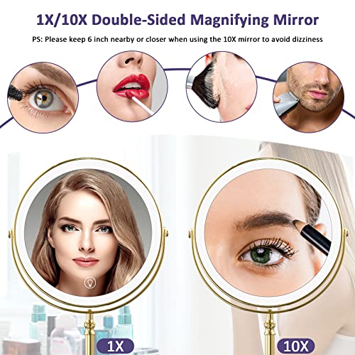 Gold Lighted Makeup Mirror with 10X Magnification, 8-Inch Rotatable Vanity Mirror - Variation: Gold