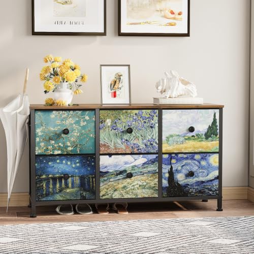 EXOTICA 6-Drawer Dresser with Van Gogh Pattern, 39x11.8x21.7 Inches, Fabric Storage, Wooden Top, Bedroom & Living Room Furniture