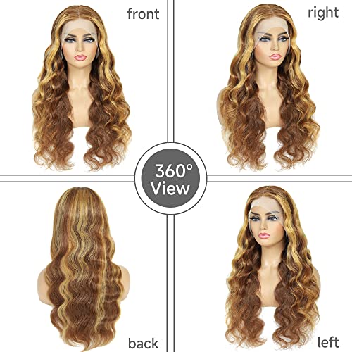 28 Inch Highlight Ombre Lace Front Wig Human Hair Pre Plucked Body Wave for Women - Honey Blonde