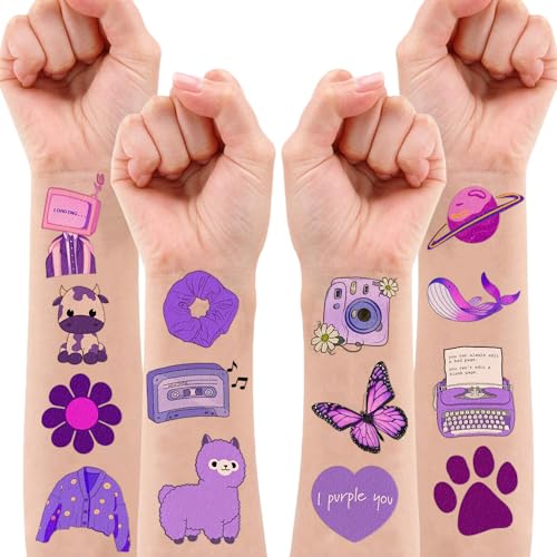Cute Purple Temporary Tattoos Dark Purple Birthday Party Decorations Favors Supplies Violet Themed Cute Stickers 10 Sheets 100 PCS Gifts for Baby Girls Boys Decor Class School Carnival Christmas