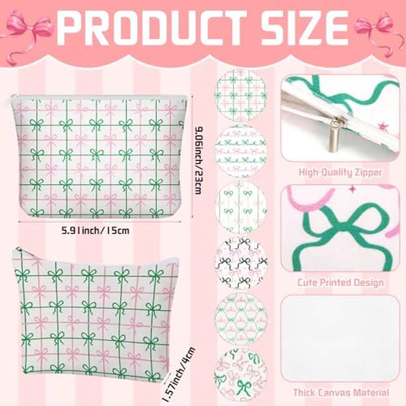 Abbylike 12 Set Pink and Green Party Favor Bow Makeup Bag Compact Mirrors Coquette Preppy Bow Gift for Women Halloween Birthday Bridal Shower Bachelorette Girly Witch and Princess Party Supply