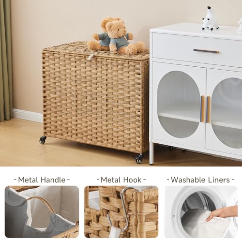 Laundry Hamper with Wheels 52.8 Gallon Natural Rattan Style with Lid & Removable Liners - 31.5 x 15.75 x 25.6 Inches