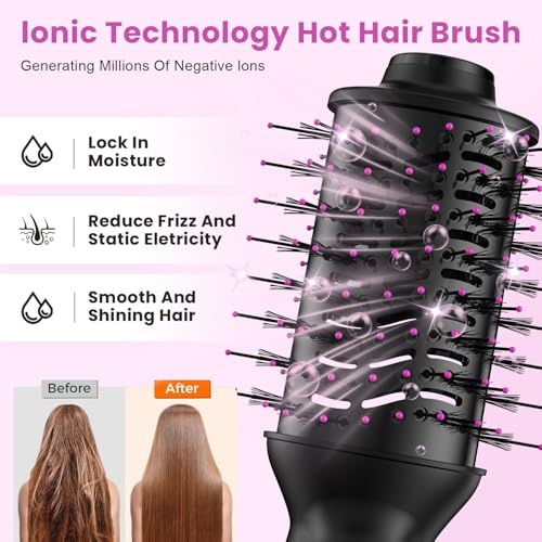 SHOSHE Black Pink Dual Voltage Mini Hair Dryer Brush with UK/EU Plug, All-in-One Volumizer & Styler