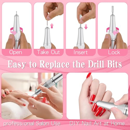 Professional Electric Nail Drill Machine, 45000RPM Nail File Acrylic Nail Kit with 6 Nail Drill Bits, Cordless E-File Nail Kits for Acrylic Nails Gel Polishing for Manicure Salon Home