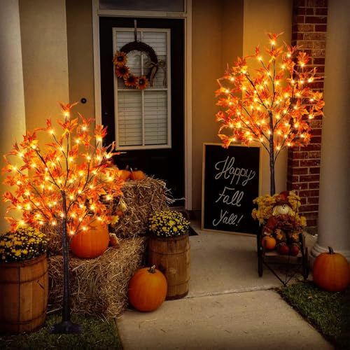 4Ft Lighted Artificial Maple Tree for Fall & Thanksgiving Decor, 60 LED Dimmable & Flashing Modes