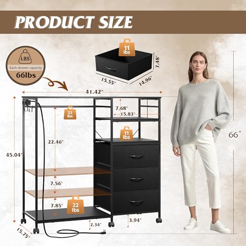 LED Dresser with 3 Drawers & Hanging Rack - Black - Multifunctional Bedroom Storage