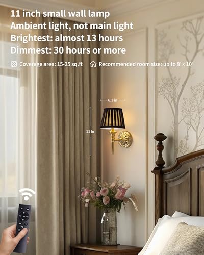 Set of 2 Gold and Black Wall Sconces, Cordless Dimmable Fabric Lampshades