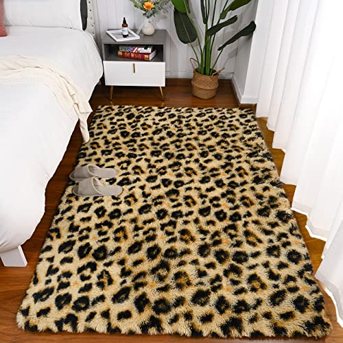 Amearea 6x9 Khaki Fluffy Leopard Rug - Premium Cheetah Print Area Rug